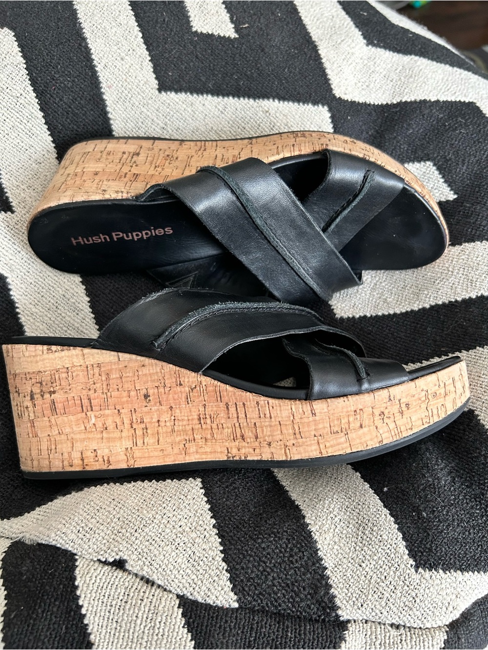 Black Leather Cork Wedge Slide Sandals